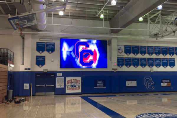 Unique indoor digital scoreboard at Cherry Creek High School