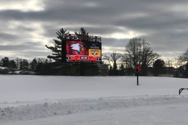 Our digital LED scoreboard holding up great in the snow