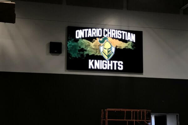 The indoor digital scoreboard for Ontario Christian High School